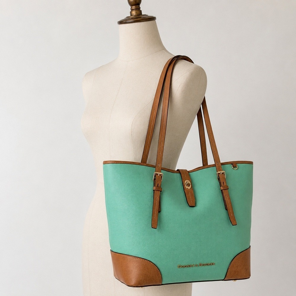 Dooney & Bourke Claremont Dover Mint Leather Tote Bag Tan Trim Chevron Lining